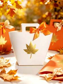 12pcs Autumn Maple Leaf Gift Boxes With Satin Ribbon Bows, Paper Favor Boxes With Handle, Fall Party Gift Packaging For Thanksgiving, Harvest Festival, Friendsgiving, Wedding, Baby Shower, Birthday, Small Gifts, Easy To Assemble - 12.5X9.5X8cm - View 8
