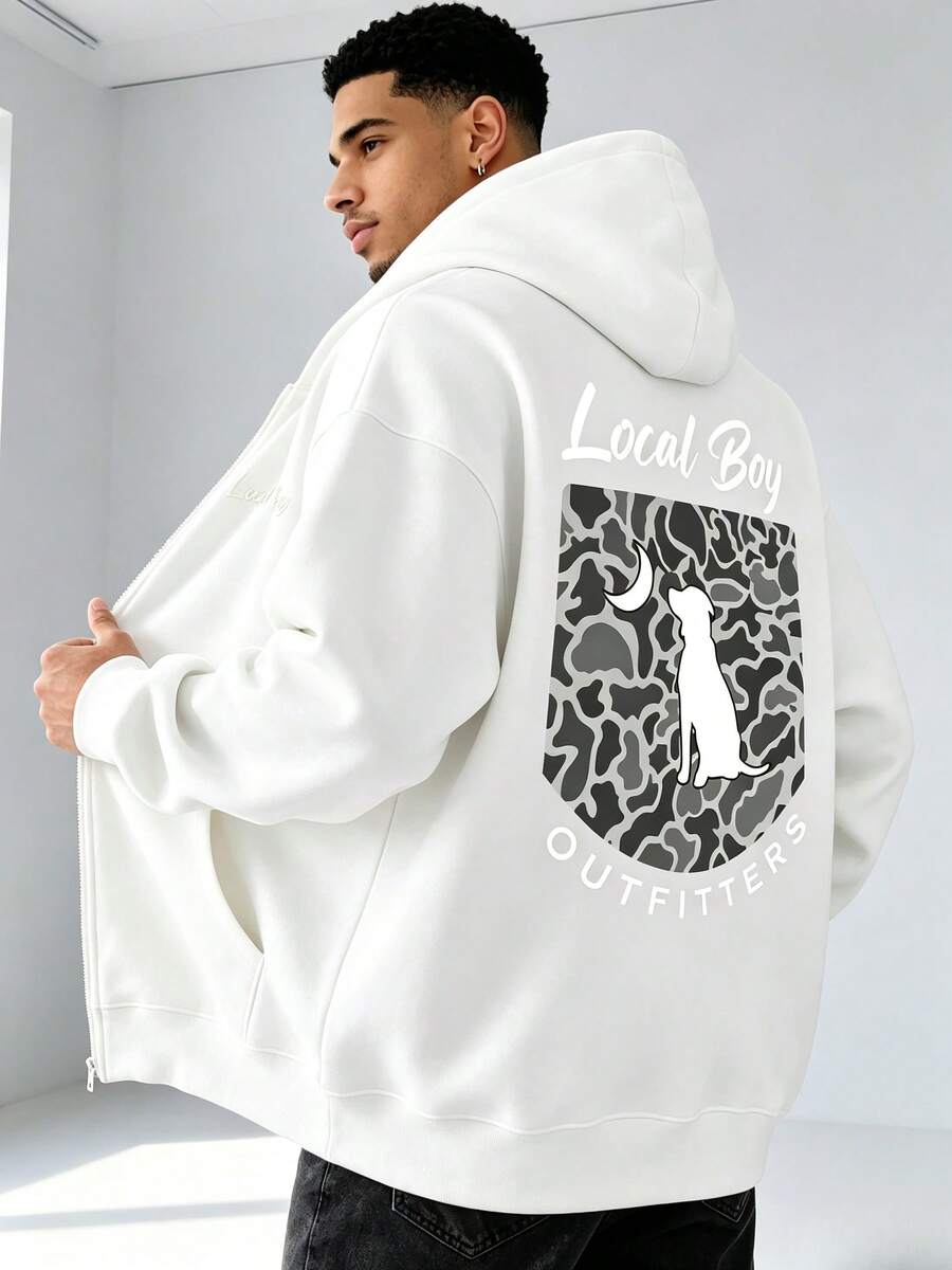 Local Men's Patterned Hoodie,With Pocket,Regular Casual Pullover,Suitable For Autumn And Winter,Machine Washable Fashion Printed Sweatshirt - 白色 - 查看 1