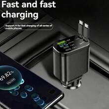 5-In-1 Retractable Car Charger, Extendable Cable, Compatible With Type-C And USB Ports, Digital Display, Charges Up To 5 Devices Simultaneously, Suitable For Most Vehicles - A - View 5
