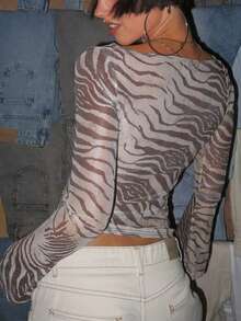 Women Casual Mesh Zebra Print Long Sleeves Sheer Going Out Party Blouse Top - Zebra Print - View 6