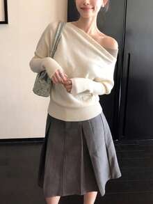 Autumn New Slouchy Premium Asymmetrical Shoulder Pullover Sweater Loose Asymmetrical Shoulder Knit Top White - White - View 7