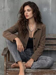 Women Lapel Collar Corduroy Cropped Jacket, Button Down Long Sleeve Solid Casual Fall Outerwear - Brown - View 2