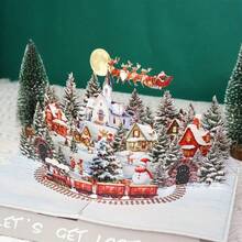 1pc 3D Pop-Up Christmas Card - Christmas Eve Scene With Santa Claus, Reindeer, Snow Village And Moonlight Sky - Holiday Greeting Card | Festive Design | Detailed Illustration, Christmas Card Style And Color Randomly Sent - Christmas Card - View 6