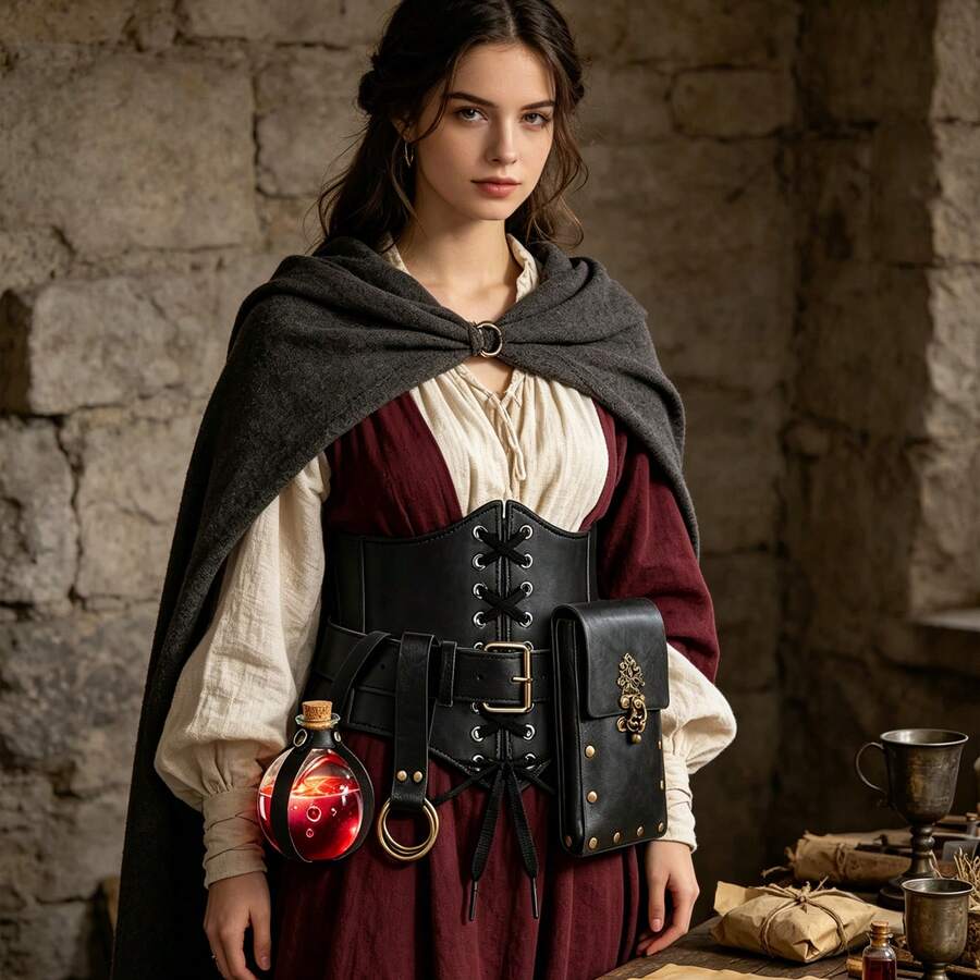 Conjunto de Cinturón de Cuero PU Estilo Punk Vintage Medieval con Bolsa de Cintura, Cinturón, Botella de Poción y Anillo Colgante Multifuncional, Accesorio de Cosplay de Halloween para Actuaciones en Escenario - A - Ver 1