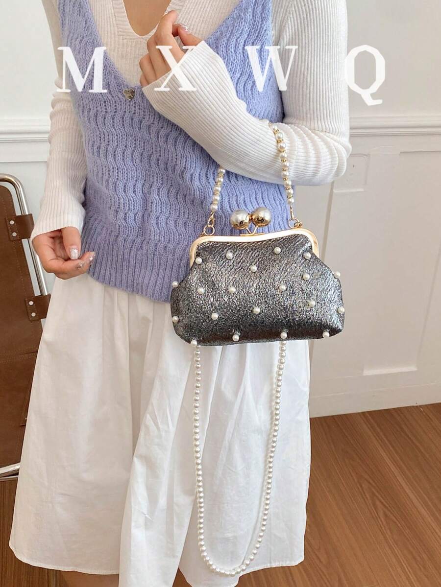 新款復古風布料珍珠鏈條扣女款手提包，優雅百搭斜挎包