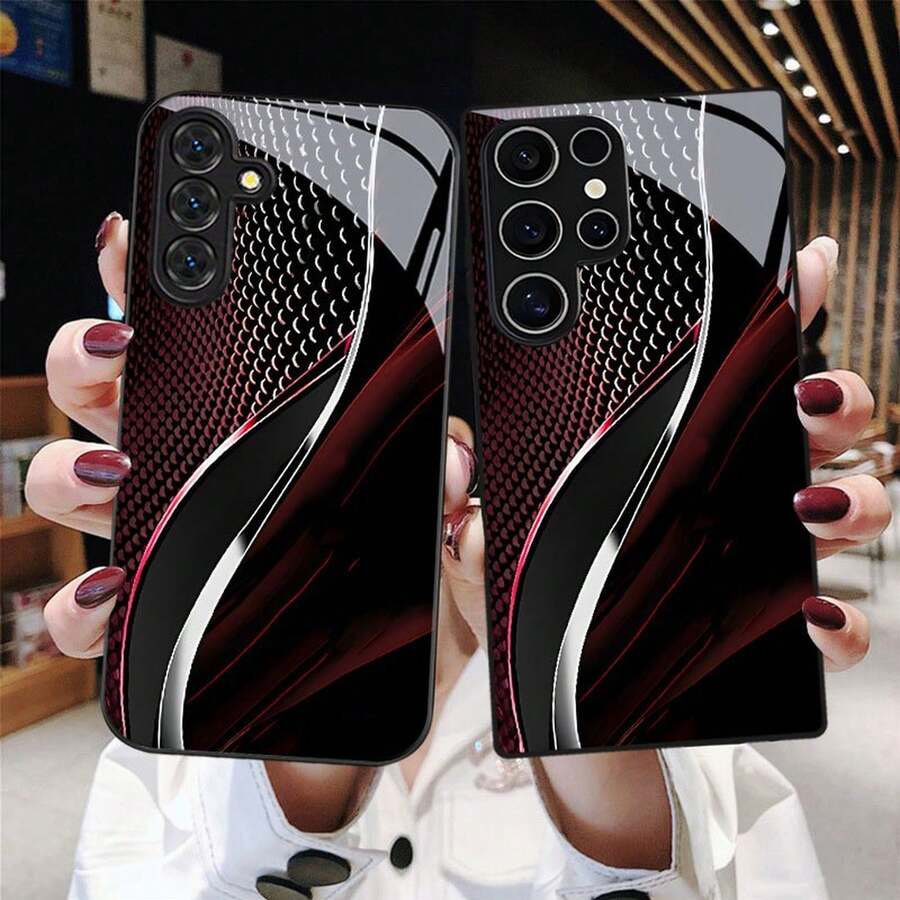 [24h Shipping From DE/FR/ES]Apple 11-17  21-26 Ultra Phone Case: Dark Red Wave Print Design, Compatible With Galaxy, Drop-Proof Tempered Glass Protective Cover - 1 Piece Of Picture Color - View 1