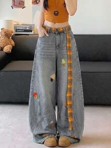 Cartoon Embroidered Plaid Belt Loose Wide Leg Curved Hem Jeans Casual Fall - Blue - View 6