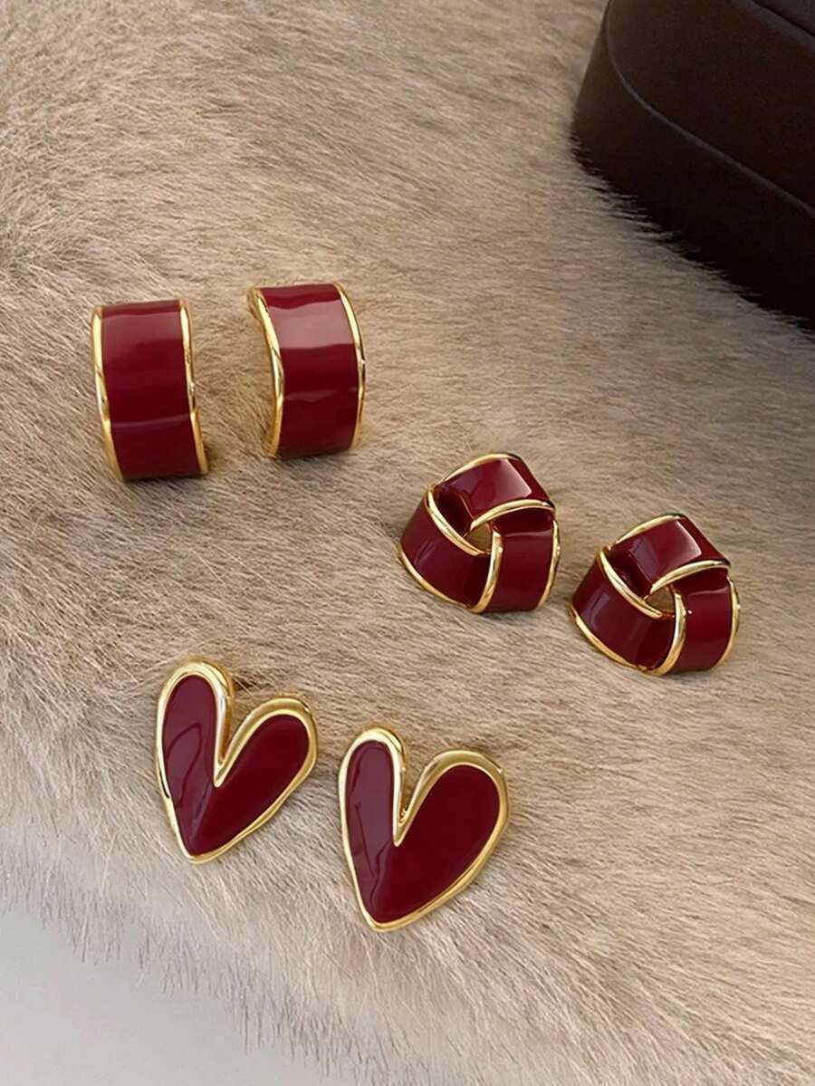 3 Pairs French Vintage Geometric Heart Enamel Stud Earrings Set, Suitable For Women's Daily Commute And Holiday Wear
