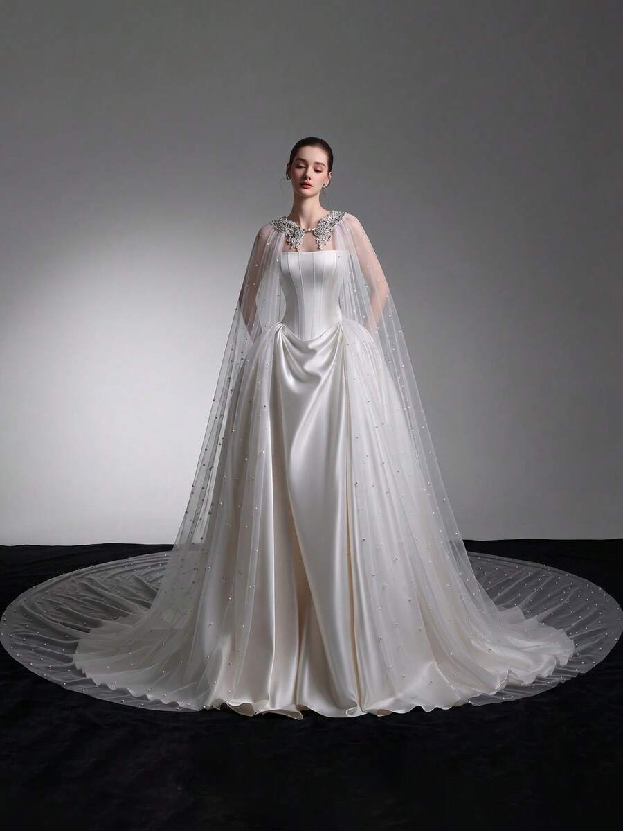 1件仿珍珠裝飾柔軟薄紗蕾絲水鑽大教堂式新娘披肩，婚禮拖尾肩披頭紗，新娘禮服攝影配件