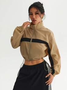 Women Horizontal Contrast Stripe Zip‑Up Crop Daily Casual Sports Jacket - Khaki - View 2