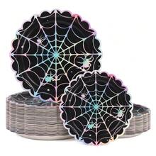 10/20/50pcs Holographic Spider Web Disposable Scalloped Edge Paper Plates, 7 Inch And 9 Inch, Iridescent Halloween Scalloped Edge Party Plates, Black Base Rainbow Gradient Spider Star Dinner Plates, Halloween Horror Party Tableware, Halloween Trick Or Treat - View 1