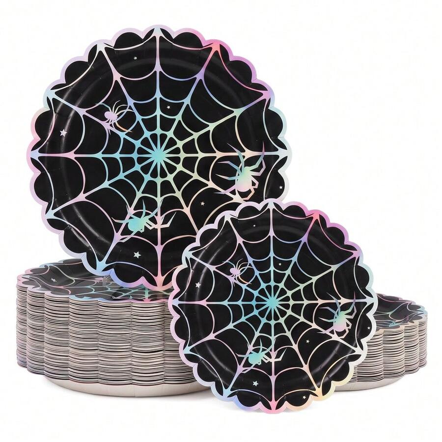 10/20/50pcs Holographic Spider Web Disposable Scalloped Edge Paper Plates, 7 Inch And 9 Inch, Iridescent Halloween Scalloped Edge Party Plates, Black Base Rainbow Gradient Spider Star Dinner Plates, Halloween Horror Party Tableware, Halloween Trick Or Treat - View 1