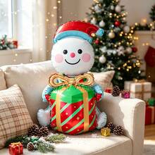1pc 3D Christmas Snowman Foil Balloon With Santa Hat Holding Gift Box Design, Xmas Holiday Party Decor, Indoor Outdoor Aluminum Balloons Supplies, Festive Photo Backdrop Prop, New Year Celebration Decor - Multi-color - View 4