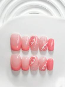 10片裝清新甜美果香手工穿戴甲，Polygel美甲套組，橘色與粉色指甲油，極簡清新風，含美甲工具，3種尺寸可選，方型、短方型、杏仁形，適合派對、跳舞、日常配戴 - 彩色 - 查看 19