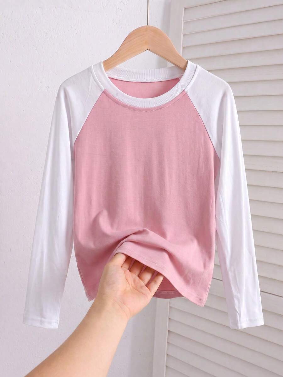 1pc Girls Casual Fashion Round Neck Colorblock Raglan Long Sleeve T-Shirt, Soft And Comfortable Basic Top For Layering Or Wearing Alone, Suitable For School And Daily Wear, Autumn/Winter - Pink - View 1