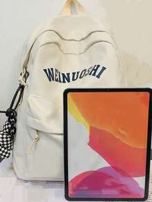 Women's Solid Color Functional Backpack With Pendant - White - View 5