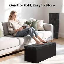 LOVEWE Foldable Double-Stitched Leather Storage Stool, Space-Saving, High Load-Bearing, Storage Bench For Sofa / Shoe Changing / Home Furniture - Black 76*38*38cm - View 2