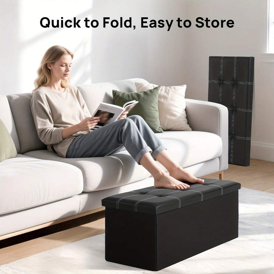 LOVEWE Foldable Double-Stitched Leather Storage Stool, Space-Saving, High Load-Bearing, Storage Bench For Sofa / Shoe Changing / Home Furniture