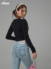 CHUU Solid Color Knit Ruffle/Flounce Trim Pullover Sweater For Holiday, Daily, Date, Back To School, Party, Autumn/Winter - Black - View 3