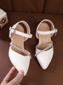 Girls' White Rhinestone Lace-Up Ankle Strap Pendant Square Toe Chunky Heel Sandals, Sweet Elegant Formal Shoes, Suitable For Daily Wear And Parties - White - View 2