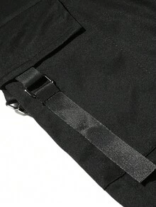 Men Cargo Pants, Solid Color Straight Leg Work Pants With Multi Pockets And Zipper Decor, Casual Drawstring Waist Trousers - Black - View 7