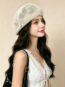 1pc Woven Hollow Knit Beret, Women's Artist Beret, Breathable And Cool For Summer Outings, Suitable For Daily Wear And Vacation - White - View 4
