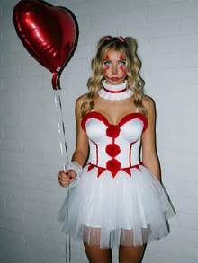 Women Clown Cosplay Spaghetti Strap Mini Dress Color Block Flared Hem Sleeveless Funny Costume Dress For Halloween Party Carnival Parade Cosplay - White - View 6