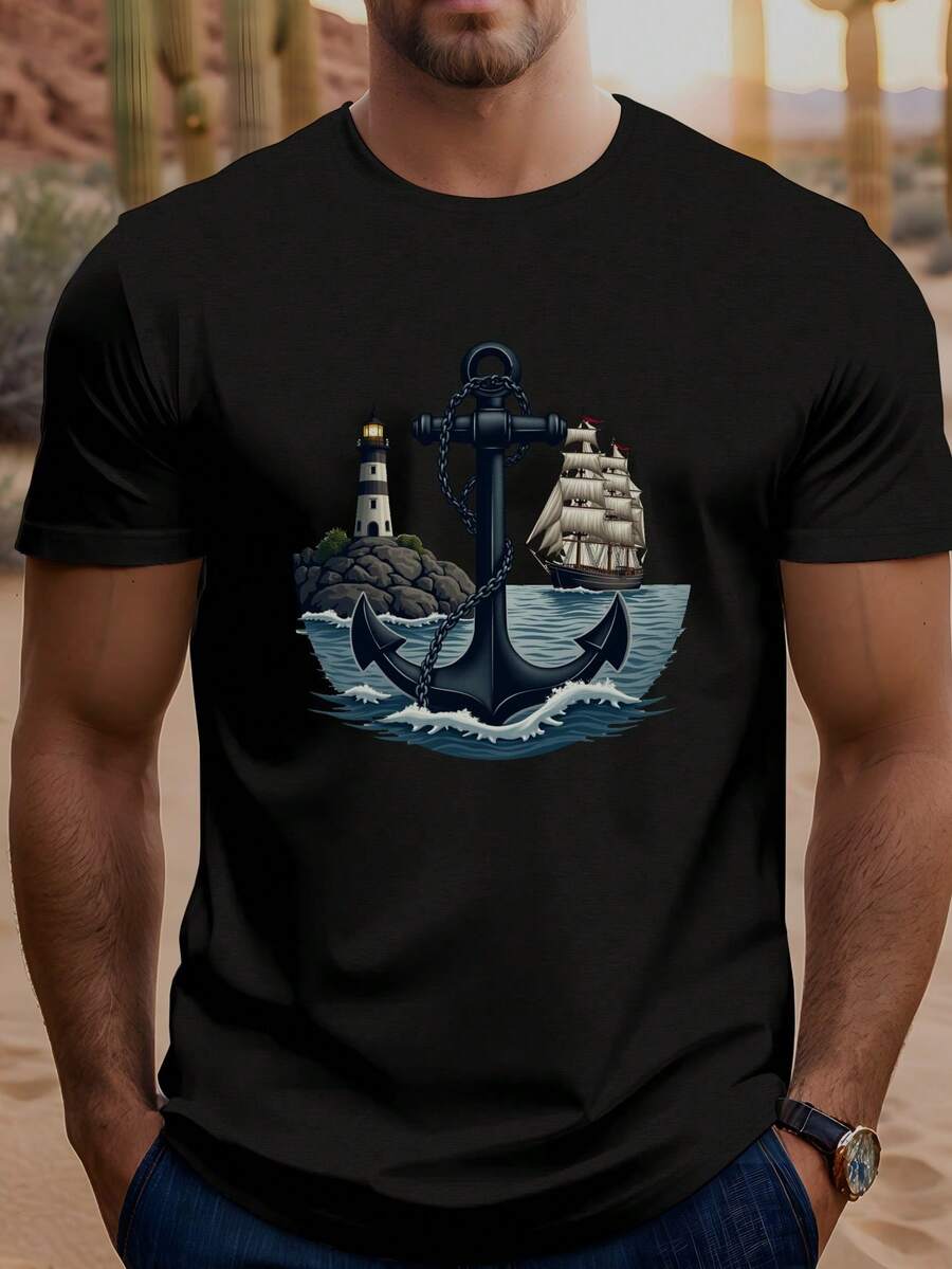Herren-T-Shirt mit nautischem Anker-Print - Übergröße & XL, Rundhals-Freizeithemd mit Leuchtturm- und Anker-Design, maschinenwaschbar, geeignet für Bootsfahrten, Angeln, Outfits, ÜBERGRÖSSE - Schwarz - Übersicht 1