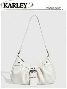 1pc Vintage Motorcycle Bag With Rivets And Buckles, Soft Touch, Folded Details, Cloud Shape, Shoulder Crossbody Bag, Suitable For Work, Commute, Date And Party - White - View 8
