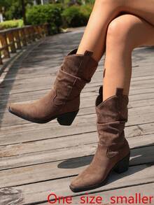 Spring/Autumn Western Style Chunky Heel Ruched Stacked Boots Women's Fashion Boots, 1 Pair Pointed Toe Mid-Calf V-Cut Western Boots, High Heel Stylish Knight Boots, Brown, Runs Small By One Size - Brown - View 1