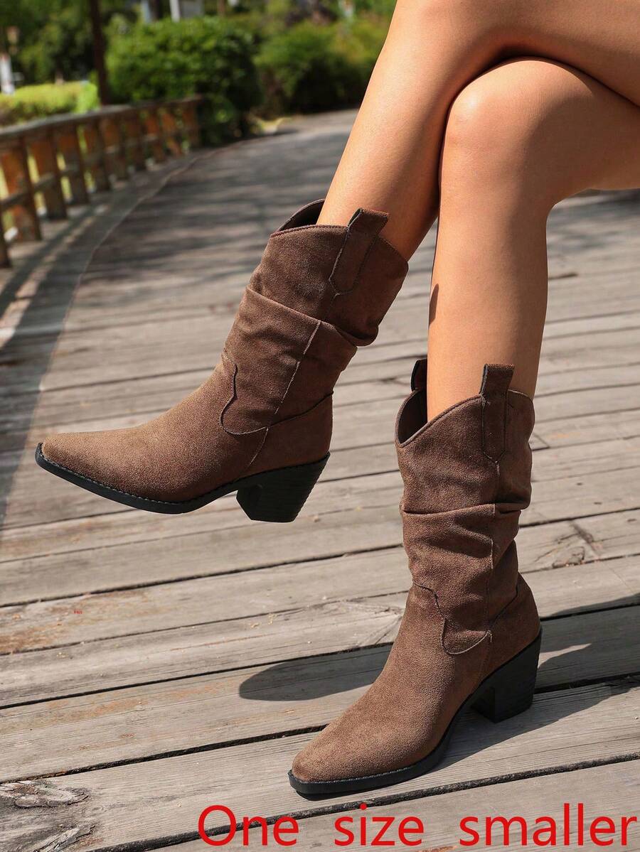 Spring/Autumn Western Style Chunky Heel Ruched Stacked Boots Women's Fashion Boots, 1 Pair Pointed Toe Mid-Calf V-Cut Western Boots, High Heel Stylish Knight Boots, Brown, Runs Small By One Size - Brown - View 1