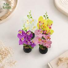 Artificial Plants, Black & White Rhombus Planter, 4-Color Potted Orchids, Suitable For Kitchen, Office, Bedroom, Study And Other Space Decoration, No Maintenance Required - Black Pot - White Flowers - View 9