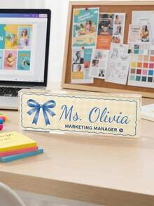 1pc Customized Teacher Name Plate, Plaid Bow Desk Nameplate, Text Position Title Plaque, Sweet Style Office Desktop Decor Gift, Teacher Appreciation Gift, Back To School - Multicolor - View 7