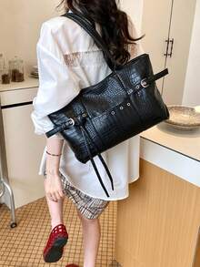 New Casual Crocodile Pattern PU Leather Large Capacity Handbag, Designed For Women, Fashionable And Minimalist, Solid Color, Zipper Closure, Suitable For Women's Shoulder Carry And Handheld Use, Women's Handbag - Black - View 3