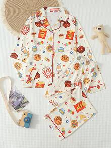 Tween Girl Cute Snack Print Button Front Long Sleeve Pajama Set, 2pcs Lapel Top & Pants Soft Sleepwear For Loungewear Spring Autumn Winter Home Outfit - Multicolor - View 1