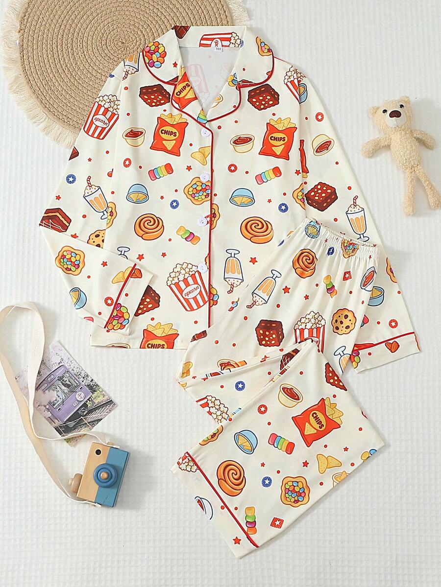 Tween Girl Cute Snack Print Button Front Long Sleeve Pajama Set, 2pcs Lapel Top & Pants Soft Sleepwear For Loungewear Spring Autumn Winter Home Outfit - Multicolor - View 1