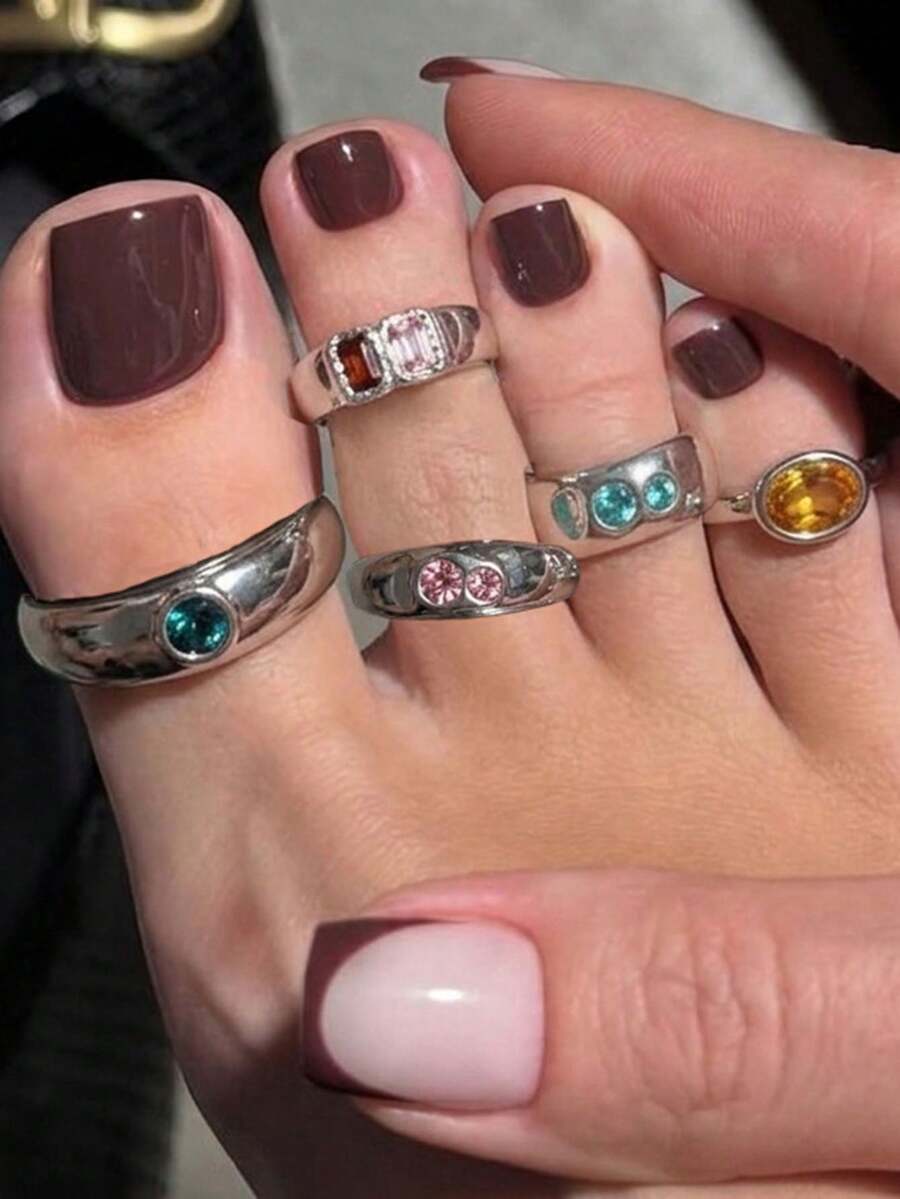 5件組彩色水鑽幾何拋光開口趾環套組,四季百搭,適合日常配戴 - 彩色 - 查看 1