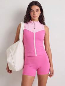 VUTRU Women's Slim Fit Sleeveless Sports Set, Colorblock Vest & 3/4 Shorts, Running Fitness Pink - Pink - View 3
