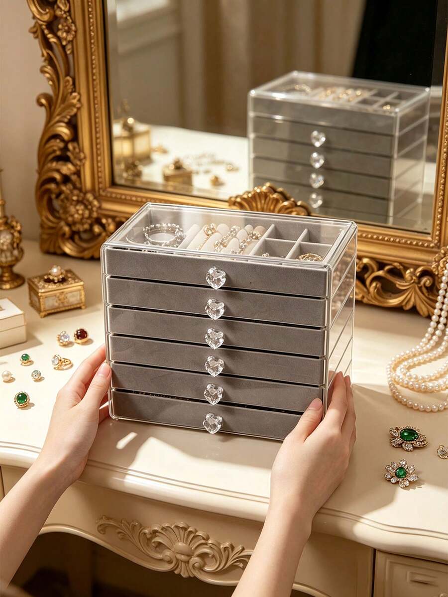 1pc Luxury Multi-Layer Acrylic Jewelry Storage Box With Dust-Proof Transparent Lid And Flocked Compartments For Earrings, Rings, Necklaces And Accessories Organizer For Home Vanity - Multicolor - View 1
