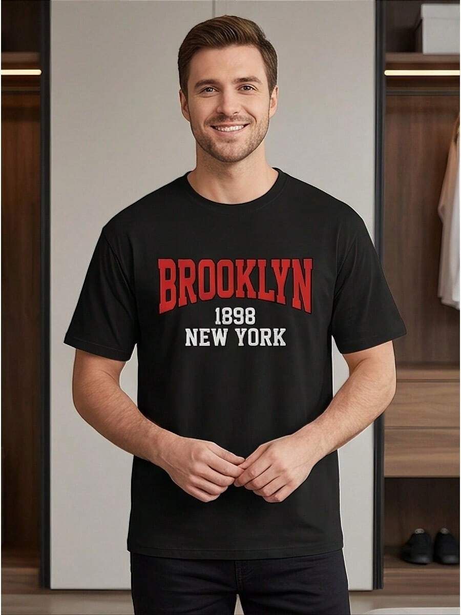 Comfort Casual Crew Neck Tee For Men, 100% Cotton Short Sleeve Top In Brooklyn 1898 New York Style, Fast Local Delivery - 黑色 - 查看 1