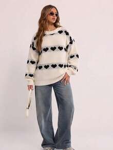 Heart Pattern Colorblock Knit Sweater For Women, Crew Neck, Loose Fit, Long Sleeves, White And Black, Casual Winter Outfits Pullover - White - View 3