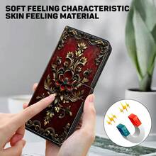 GLANDOTU Vintage Baroque Style Red & Gold Floral Pattern PU Leather Phone Wallet Case, With Card Slots, Lanyard And Stand, Compatible With Multiple Phone Brands And Models - Multicolor - View 5