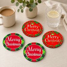 4入 5英吋聖誕主題圓形杯墊，Merry Christmas 文字款，紅綠色節日桌面裝飾墊，咖啡茶杯墊，居家餐桌餐具 - 彩色 - 查看 7
