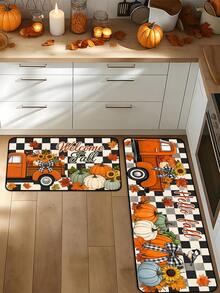 1/16Pcs Hello Fall Theme Doormat, Thanksgiving Door Mat, Printed With Orange Pumpkin, Maple Leaf And Black & White Plaid Pattern, Autumn Harvest Festival Decoration Mat, Welcome Kitchen Rug, Dirt-Resistant Floor Mat, Autumn Party Decoration - Multicolor - View 3