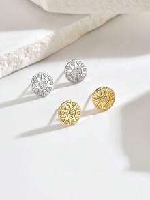 18K Gold Niche High-End Sun Pattern Full Rhinestone Round Stud Earrings ...