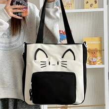 Tas Tote Unisex Kapasitas Besar, Ransel Pelajar Gaya Kuliah, Tas Bahu & Selempang Kasual - Hitam dan Putih - View 10
