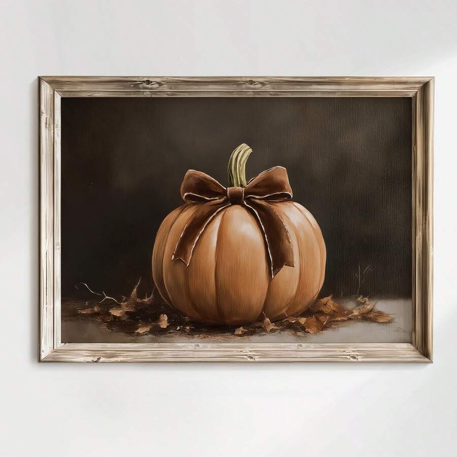 1pc Frameless Rustic Halloween Pumpkin With Brown Bow Wall Art, Farmhouse Dorm Bedroom Decor, Party Back To School Gift - Pumpkin - View 1