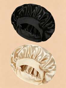2pcs Luxury Satin Sleep Caps, Solid Color Elastic Sleep Hair Caps, Lightweight Smooth Silk Texture, Suitable For Comfortable All-Night Wear, Hair Protection And Bath Use, Soft Fit To Scalp, Protects Curly/Straight/Fine Hair, Holiday Gift And Back To School Essential - Basic model - View 13