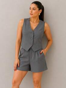 Women's Tailored Vest And Shorts Set - 灰色的. - 查看 1