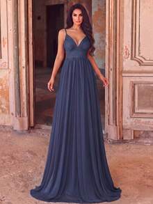 Faeriesty 优雅无袖V领褶皱长款伴娘礼服，适合浪漫正式场合及婚礼。 - 藏蓝色 - 查看 8